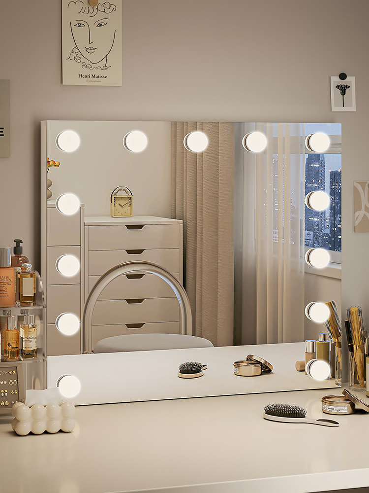 化妆镜梳妆台镜子带灯泡led家用卧室少女宿舍桌面补光智能镜