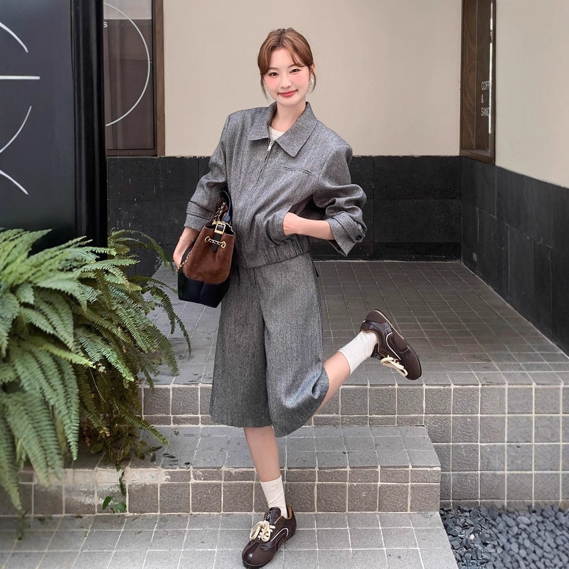 韩系老钱风灰色复古时髦套装女2025春秋款翻领夹克上衣短裤两件套