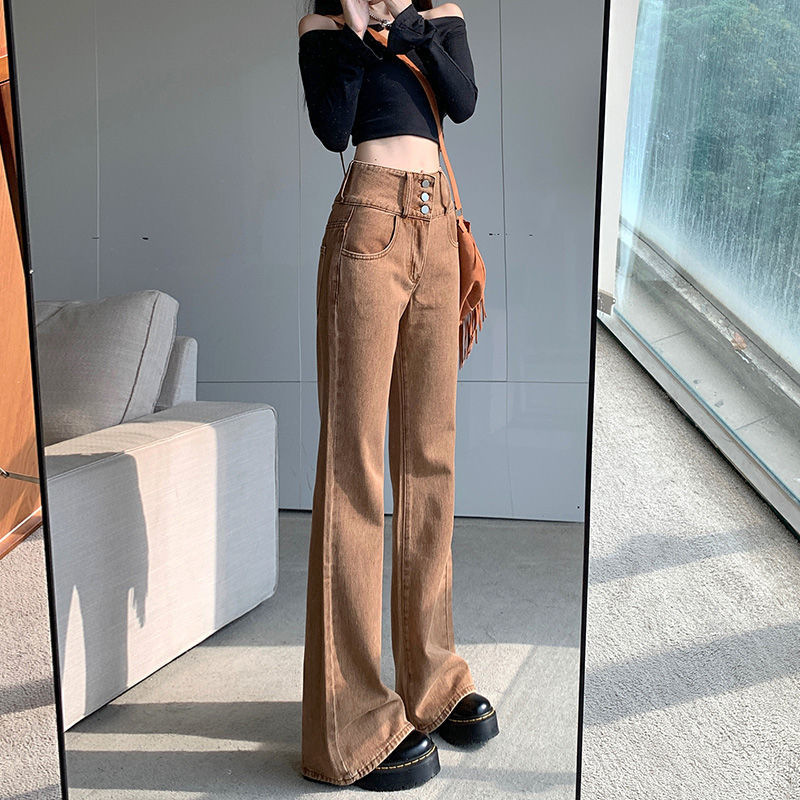   American Retro Skinny Jeans Women's New 2022 High Waist Design Brown Straight High Street Pants Ins Fashion