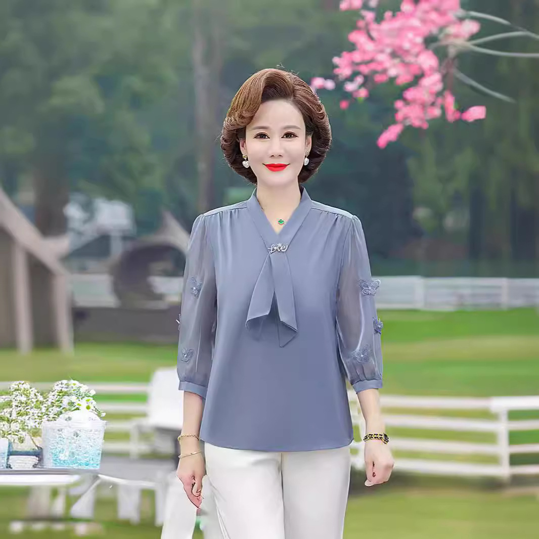 中年妈妈夏装上衣短袖雪纺衫2024新款时尚小衫中老年t恤女装夏季