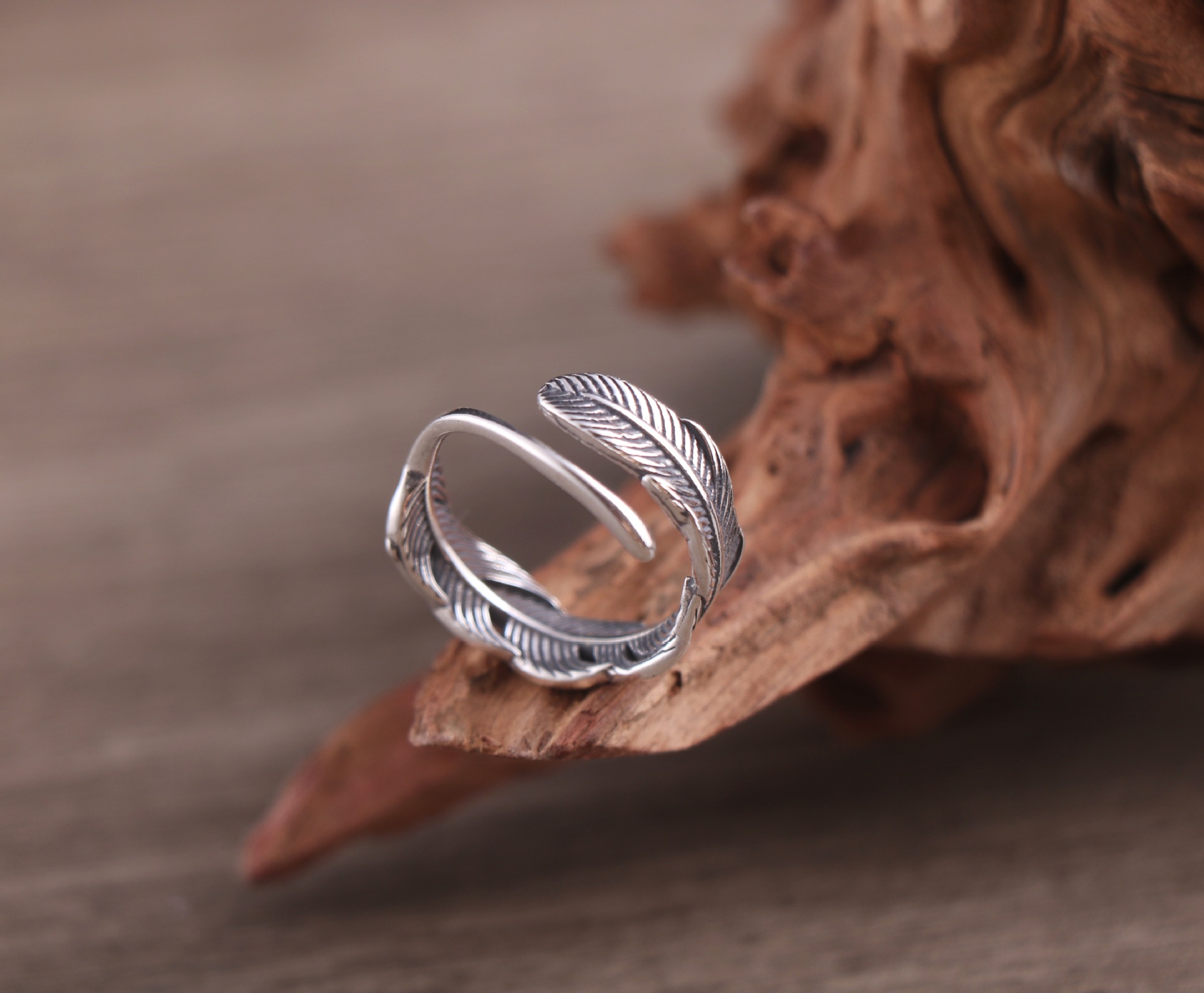 s925羽毛戒指 复古台泰银纯银开口高桥系列ins个性女士潮流百搭款