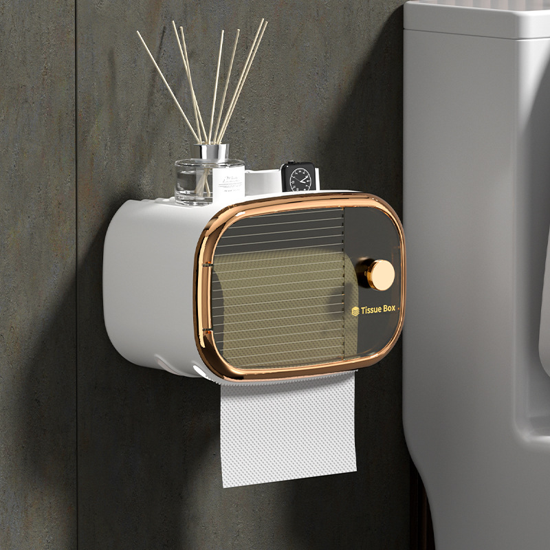 Toilet Tissue Box Wall-Mounted Waterproof Toilet Paper Box Free Punch Tissue Box Toilet Paper Roll Paper Storage Rack