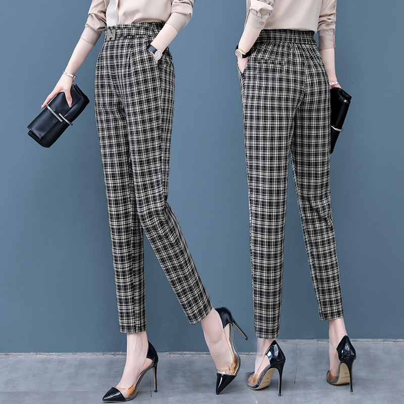 格子西装裤女春秋季2021新款高腰女裤显瘦修身裤子职业休闲小脚裤