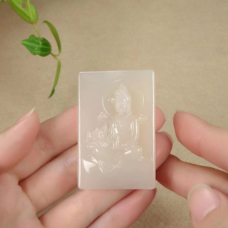 温润斋天然新疆和田玉青海料藕粉色玉石观音玉牌玉器菩萨吊坠送证
