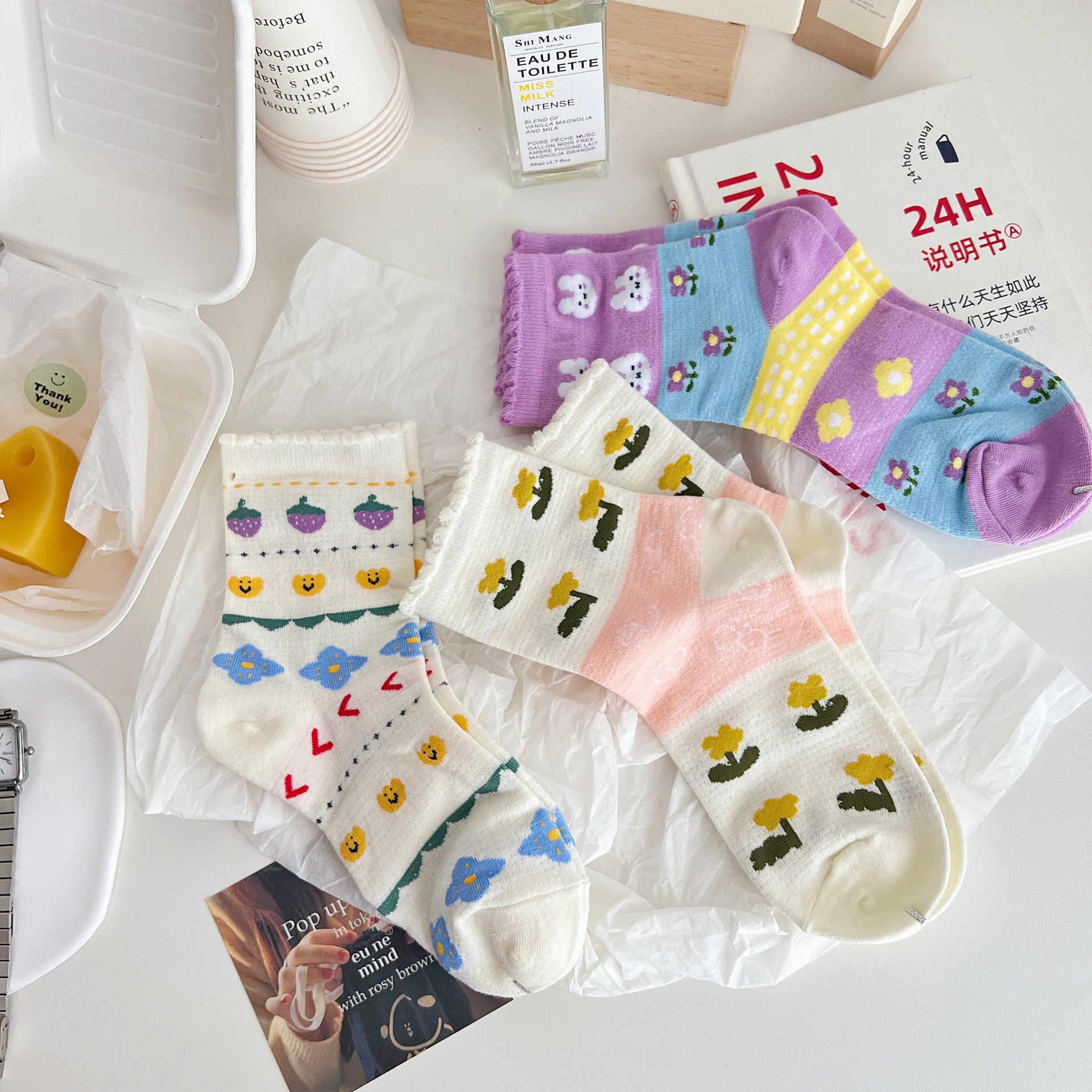 花边袜子女中筒袜春夏甜美可爱学院风韩版百搭外穿堆堆袜一件代发