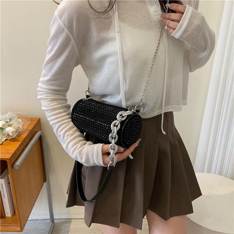 Cross-Border Popular One Shoulder Bag 2022 New Online Influencer Fashion Trend Rhinestone Chain Bag Elegantquality round Bag