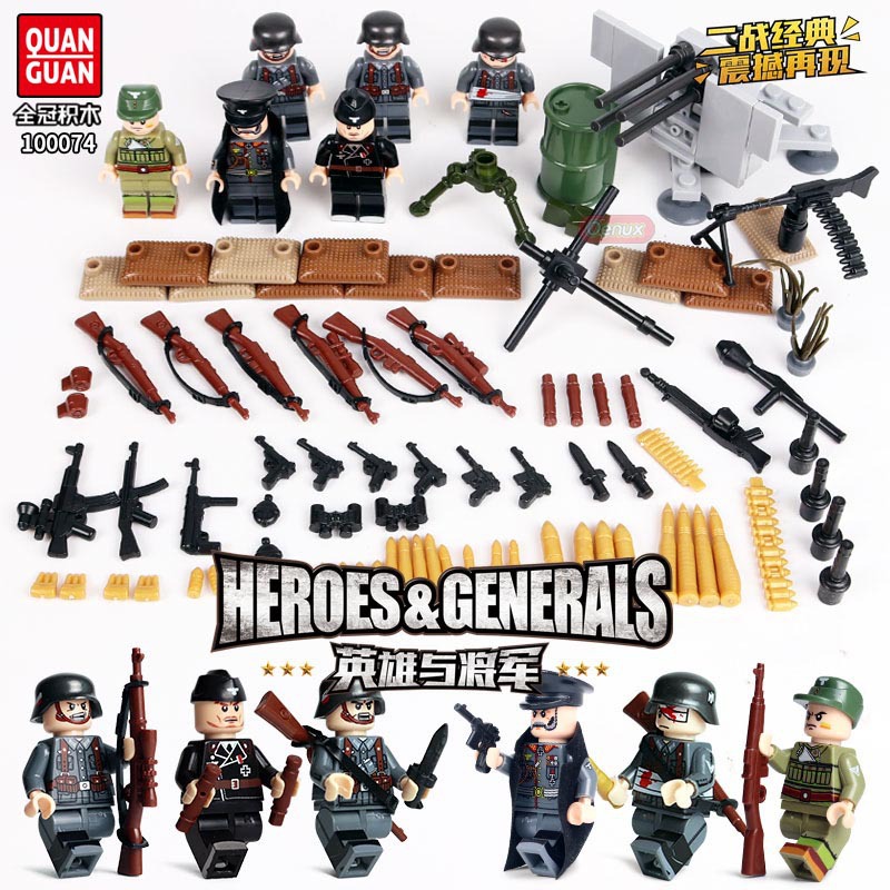 全冠100074英雄与将军6款套装二战德国军事人仔武器积木配件玩具