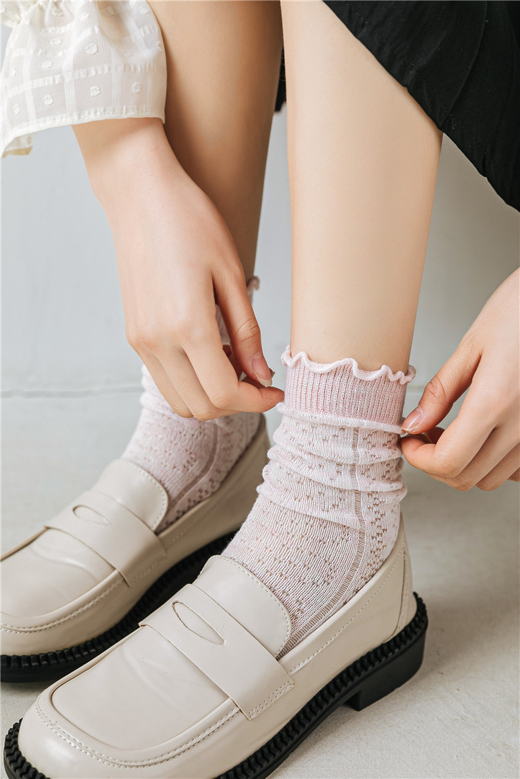 木耳边女袜卷边罗口网眼女中筒袜 纯色堆堆袜透气小清新少女棉袜