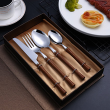 跨境304不锈钢木柄便携餐具套装家用创意西餐牛排刀叉勺子礼盒装