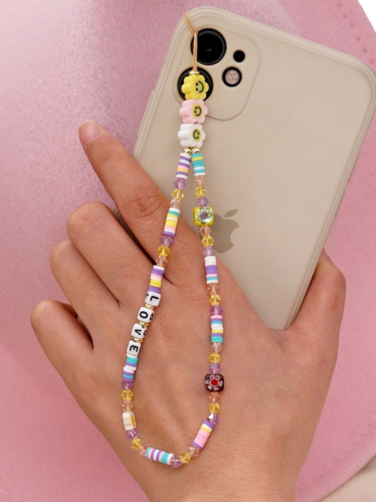love字母手机链水晶珠手机装饰品串珠防丢手机绳珠子手机挂绳软陶