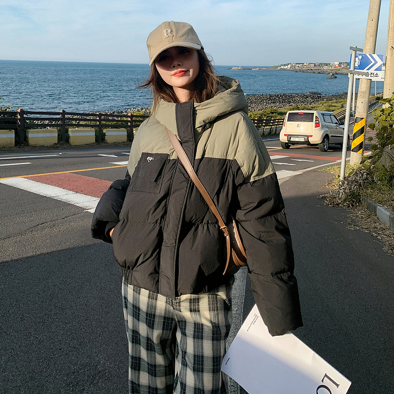 撞色羽绒棉服女短款2024小个子今年流行冬装外套韩系面包服棉衣潮