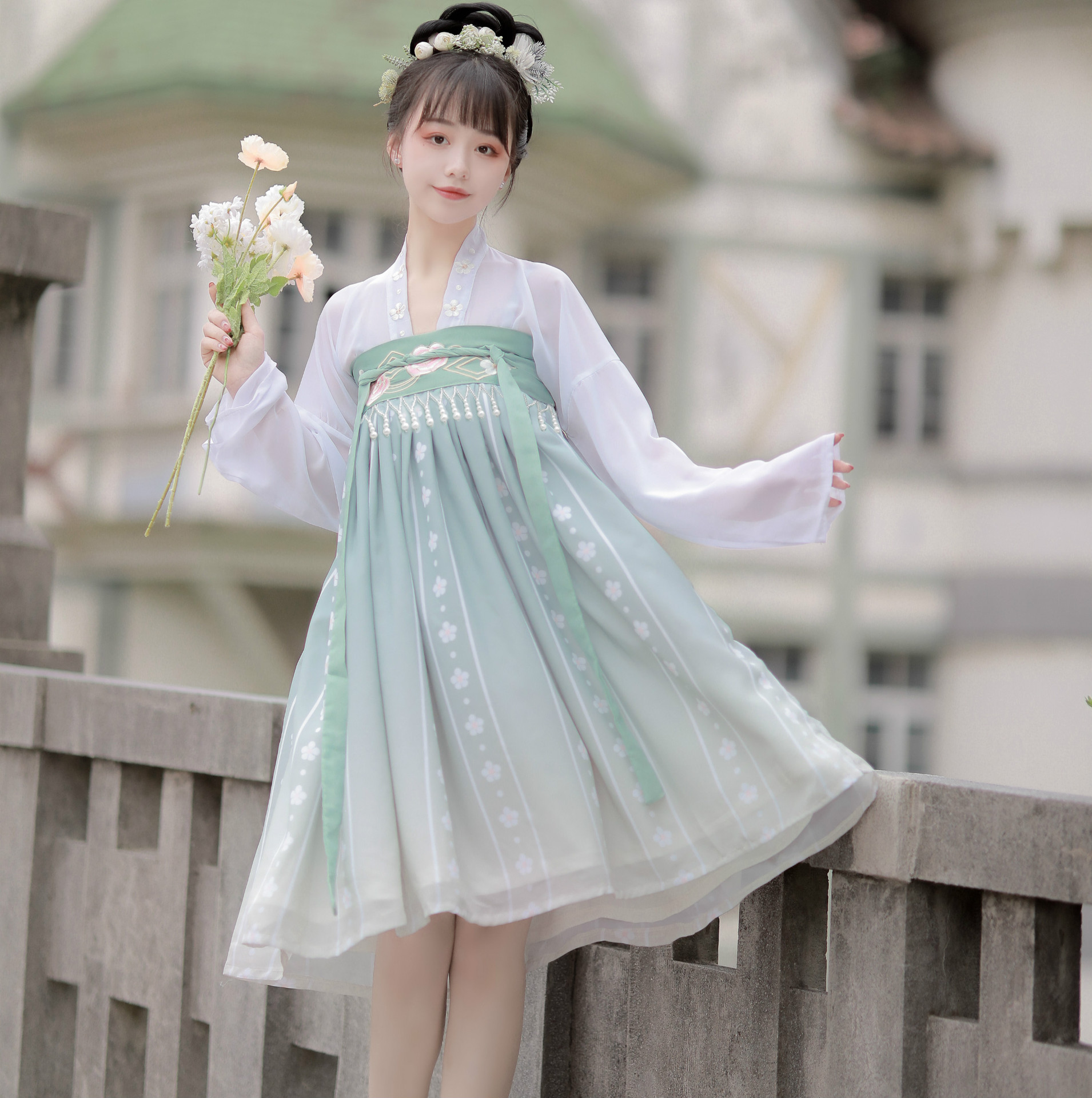 春雨烟齐胸襦裙套装日常汉服女短款汉元素女刺绣印花春夏款