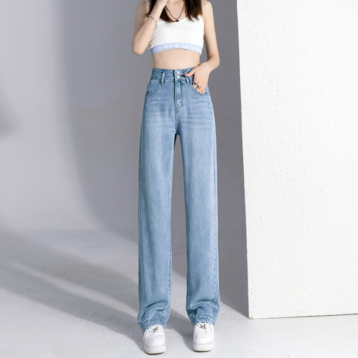 New Ykk Zipper Tencel Lyocell Fabric Straight Wide Leg Jeans Women's Drape Summer Ice Silk Pants