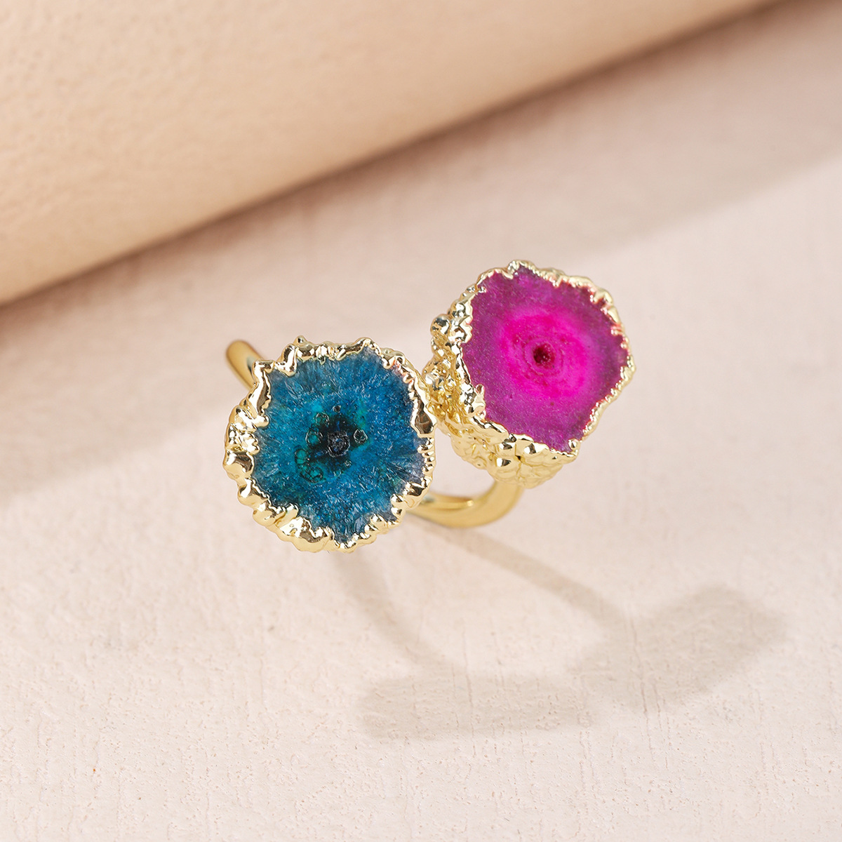 zeta天然玛瑙晶牙太阳花双头s戒指境外热销23年度流行色跨境热卖