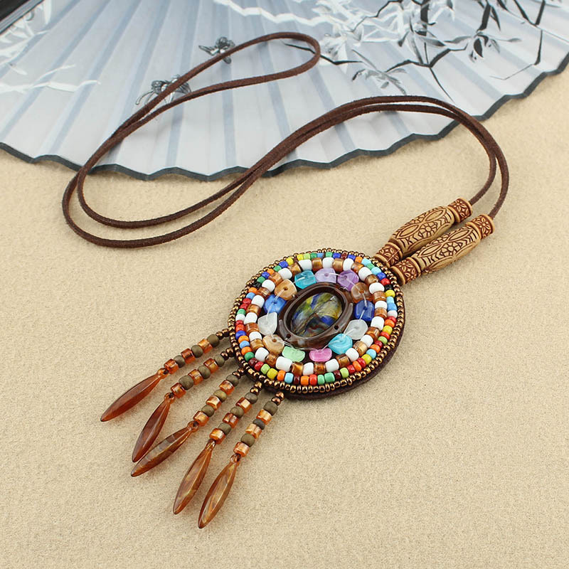 Retro Ethnic Style Necklace Long Bohemian Sweater Chain Men and Women All-Match Pendant Tassel Pendant Cotton and Linen Accessories