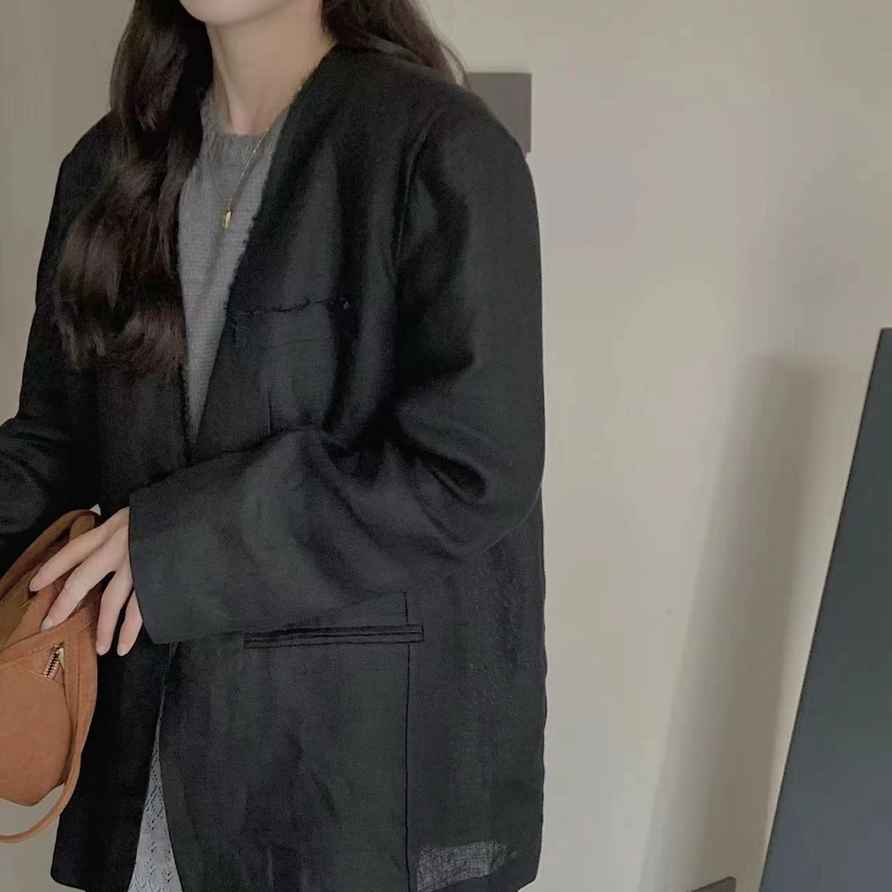 彬祁24春夏新款 一粒扣无领亚麻西装外套女-阿里巴巴