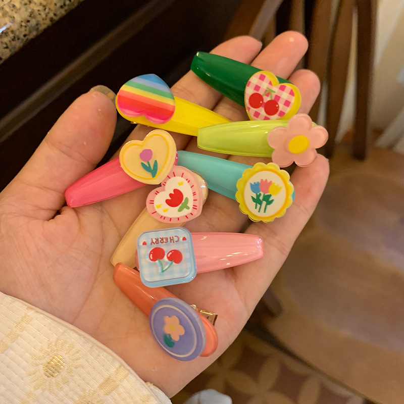 contrast color barrettes ~ cute girl heart pink tulip cherry peach heart side clip bang clip love heart duckbill clip