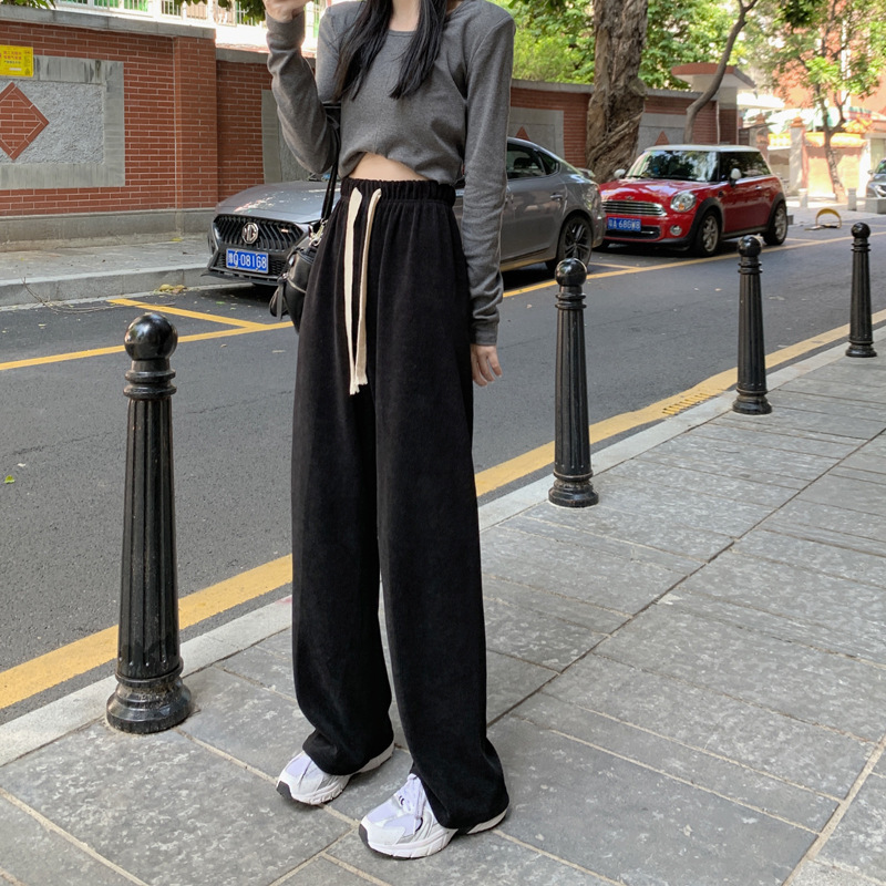 Korean Style Tied High Waist plus Size Wide Legs Mop Pants Women's Elegance Retro Lazy and Loose Straight Exercise Casual Pants