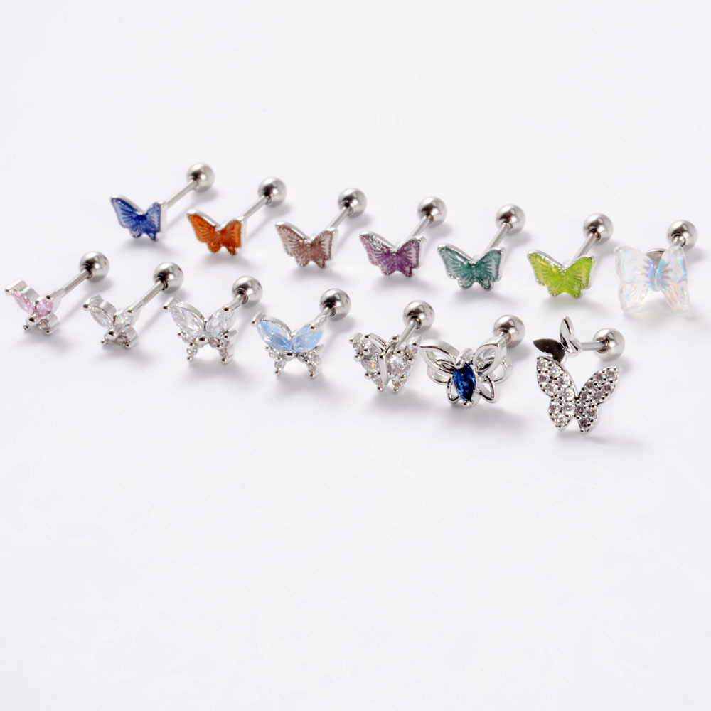 Fashion Colorful Zircon Butterfly Studs Small Pansy Stainless Steel Thin Rod Ear Bone Stud 20G Screw Ball Earrings