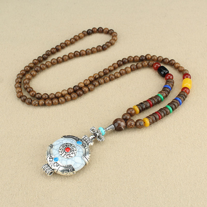 Factory Store Ethnic Style Bohemian Tibetan Ping an Fu Necklace Men and Women All-Matching Wooden Long Sweater Chain Accessories