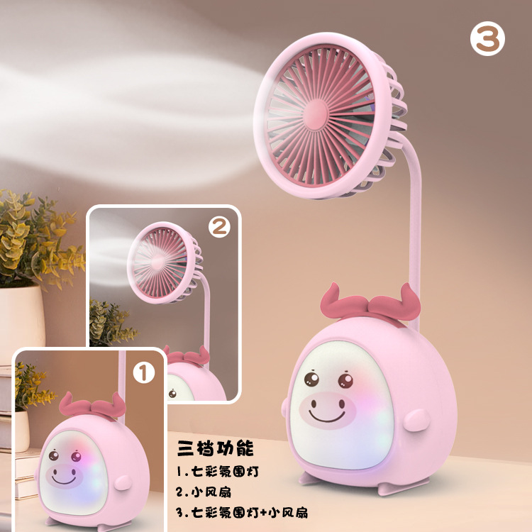 Cartoon Usb Rechargeable Portable Fan Student Dormitory Desktop Little Fan Ambience Light Mini Cute Fan