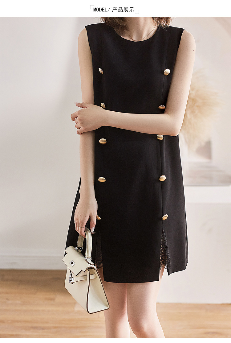 黑珍珠蕾丝收腰金属扣 无袖三醋酸背心裙