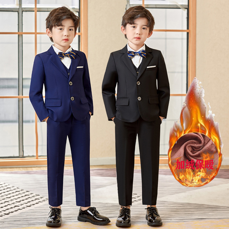 男童冬款加绒加厚西装礼服套装儿童主持表演服装生日花童走秀西服