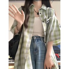 日系格子短袖衬衫女夏季学生韩版宽松百搭港风新款小个子薄款衬衣