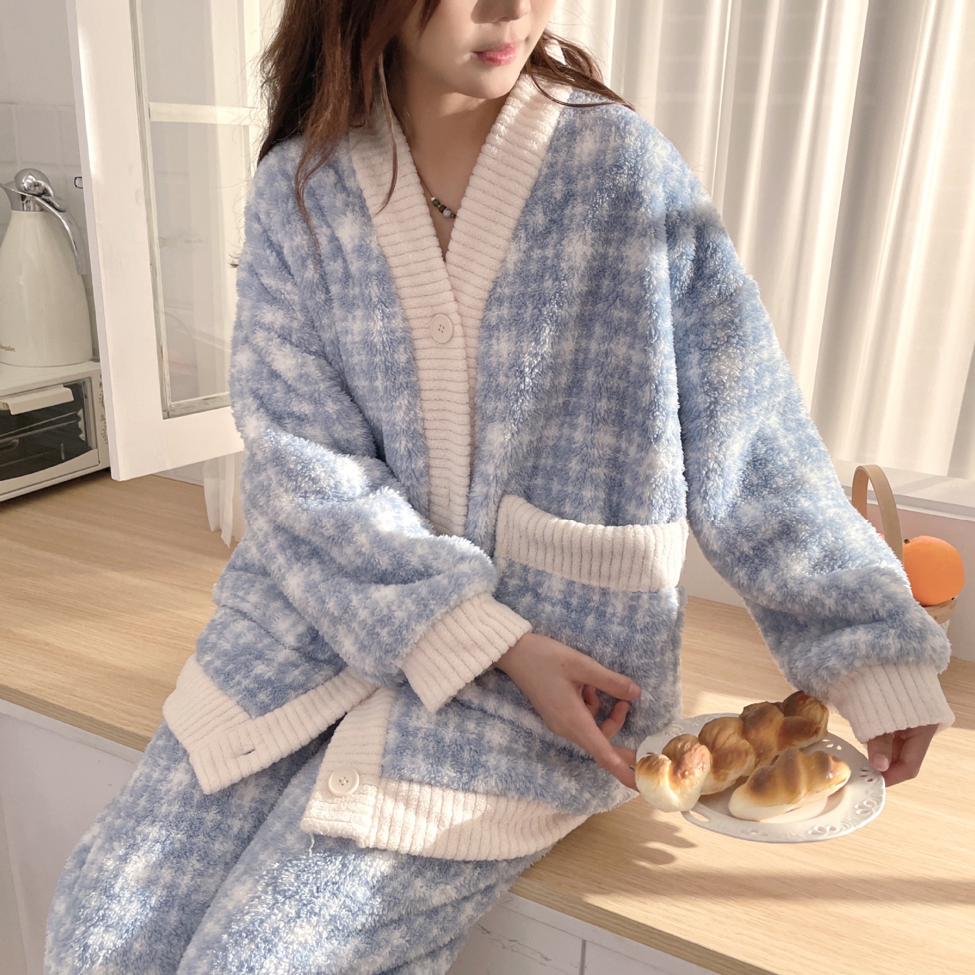 千鸟格印花珊瑚绒秋冬睡衣女冬季加厚加绒保暖法兰绒新家居服套装