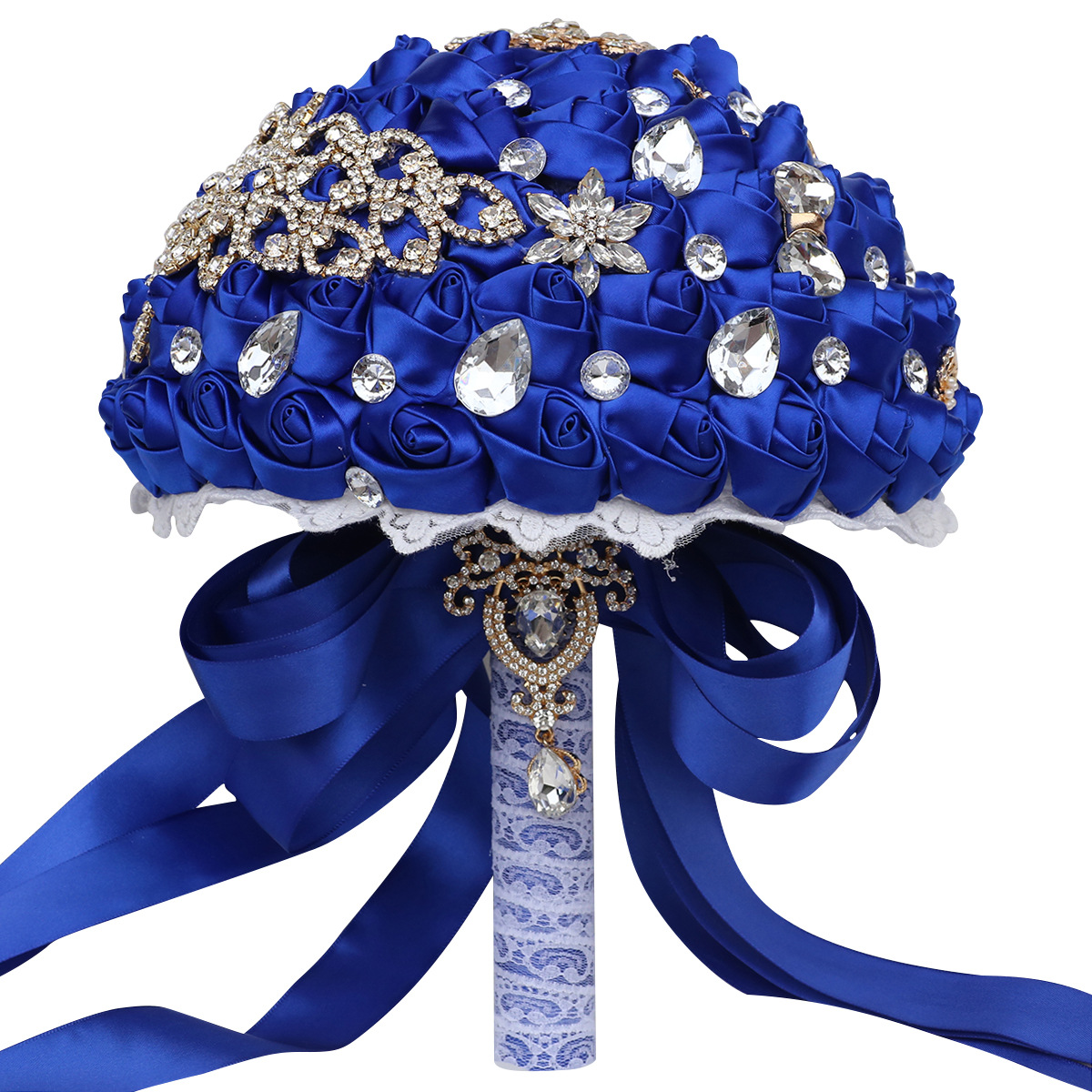 韩式新娘水钻手捧花宝蓝色缎带玫瑰花苞diy伴娘姐妹婚庆道具w640d