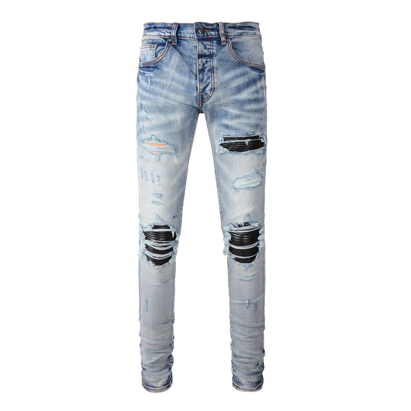 Fashion Fashion Brand Men's Jeans Light Color Hole Patch Stretch Slim Wash Craft Men's Jeans