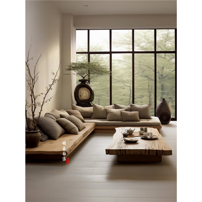 转角沙发侘寂美学中古家具原木风极简风格客厅地台设计全实木沙发