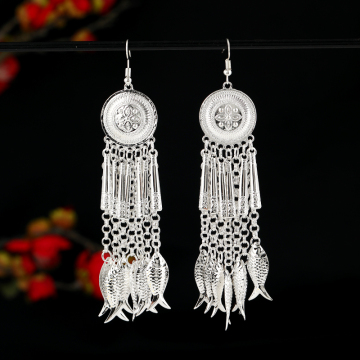 h6yu少数民族风苗银流苏耳环复古个性云南苗族夸张长款双层耳坠女