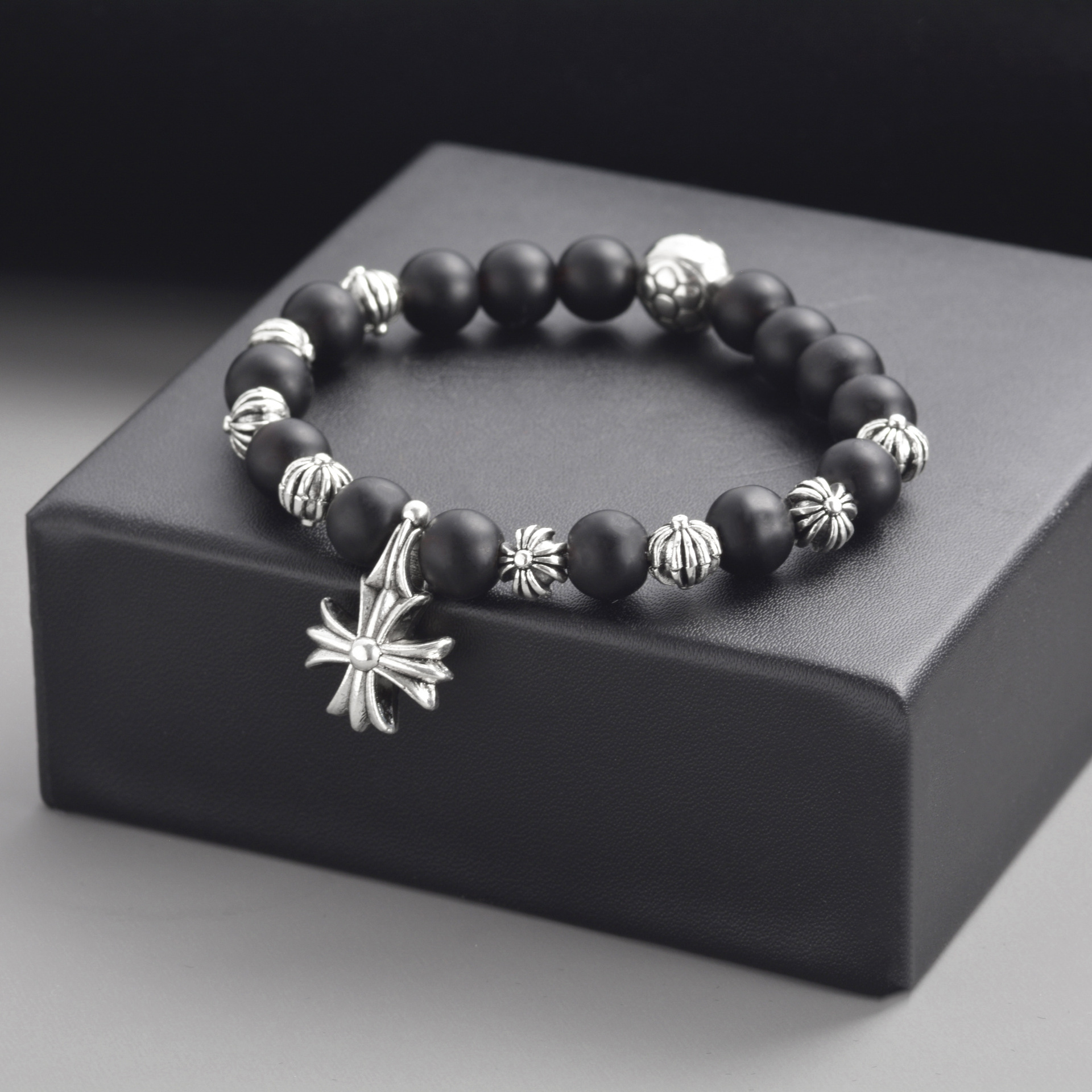 ch克罗伈手链复古十字架黑曜石手串复古潮流百搭男女个性情侣手链