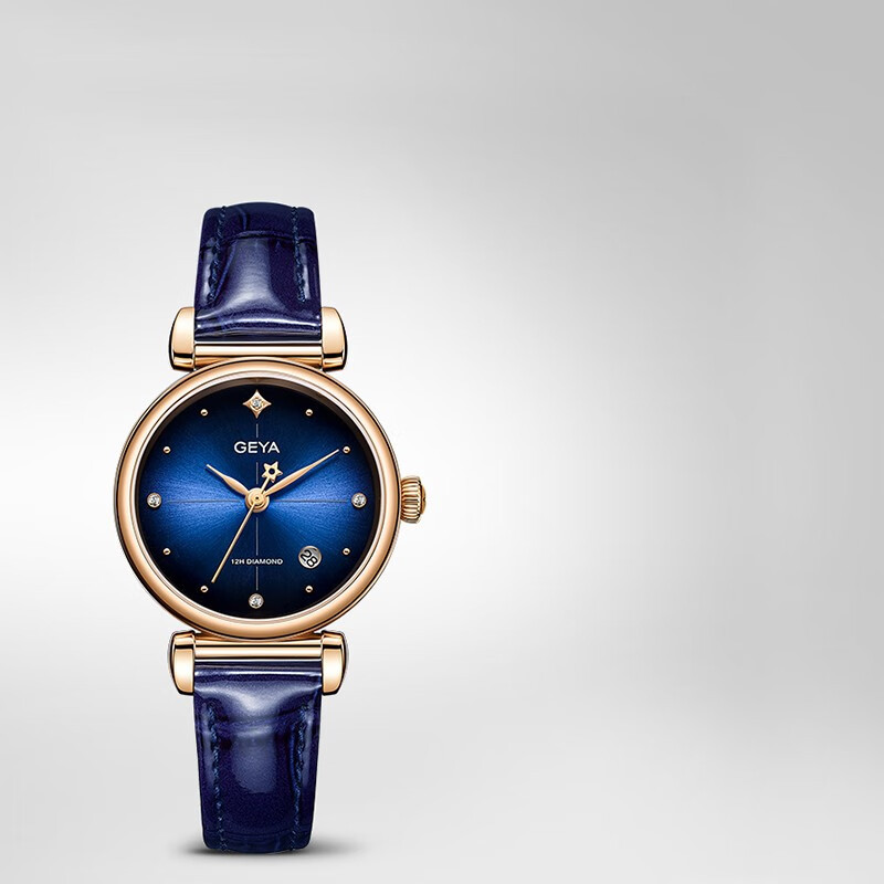 格雅(geya)手表女士手表女学生镶嵌真钻石英表真皮腕表国表礼物