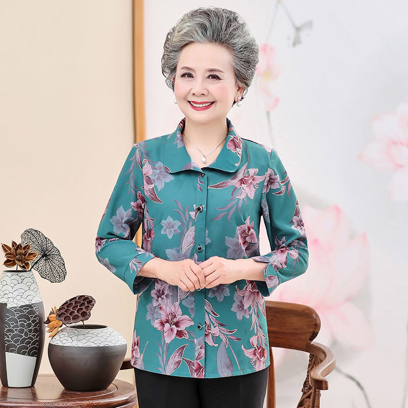 网红 老年人夏装女衬衫奶奶长袖妈妈夏装套装
