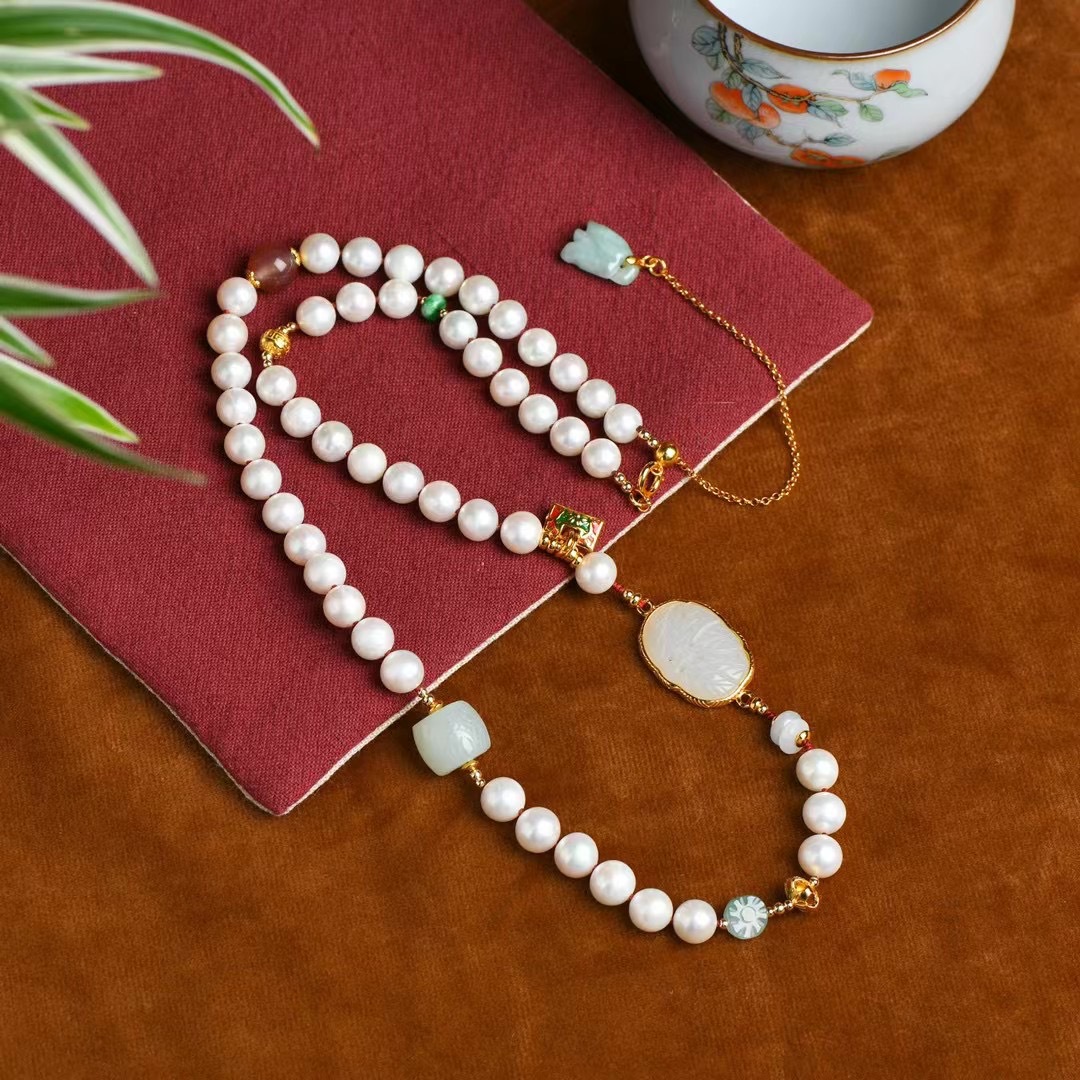 New Chinese Style Natural Freshwater Pearl Necklace Female Hetian White Jade Inlaid S925 Silver Thick Plated 18K Gold Niche Light Luxury