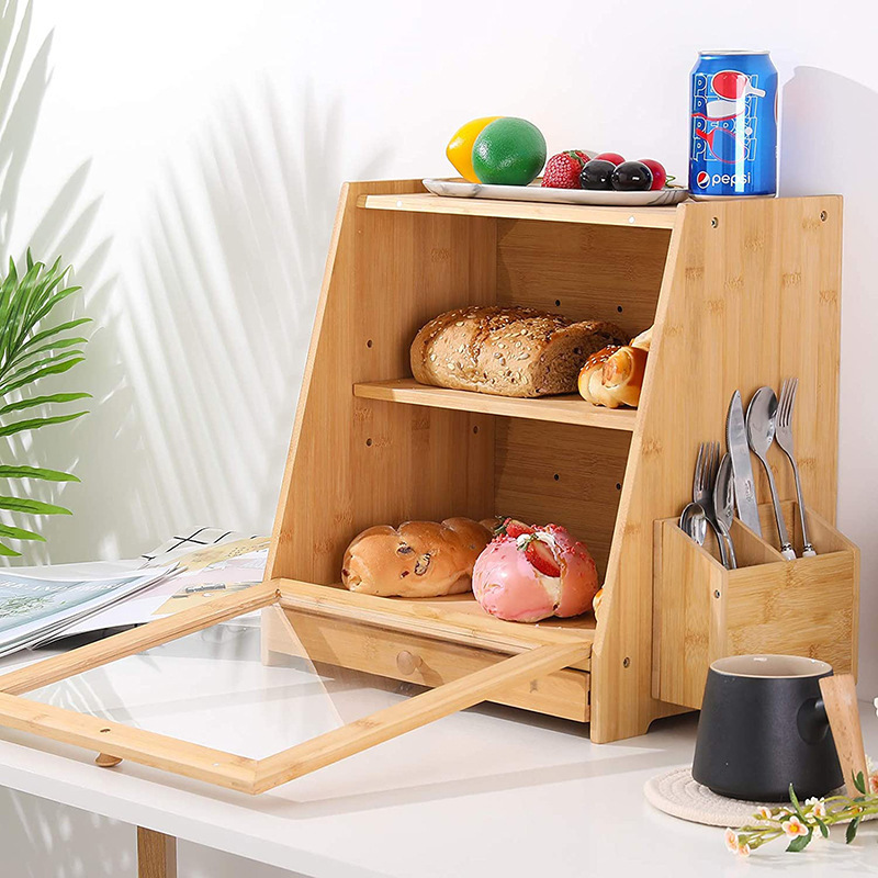 Kitchen Bamboo Bread Box Double-Layer Glass Front Window Bread Snack Storage Box with Tableware Drawer Storage Box