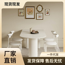 奶油风岩板餐桌椅组合小户型岛台餐桌一体简约餐桌家用靠墙饭桌