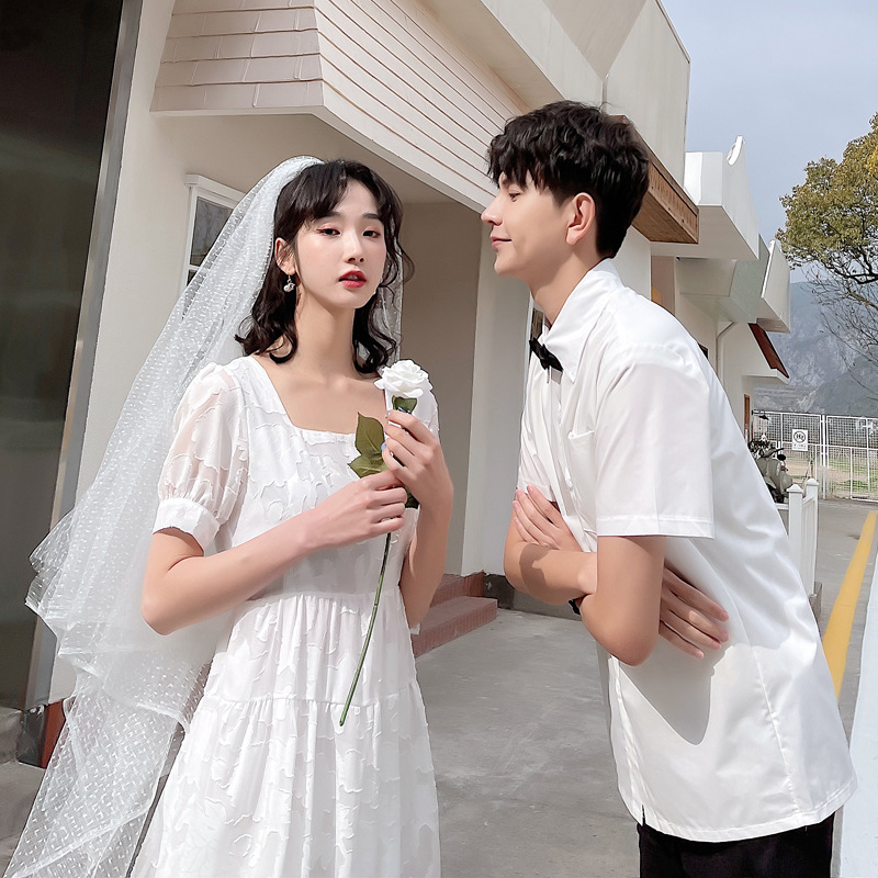 结婚登记照情侣装夏季2021显瘦网纱仙女裙婚纱照服男衬衫