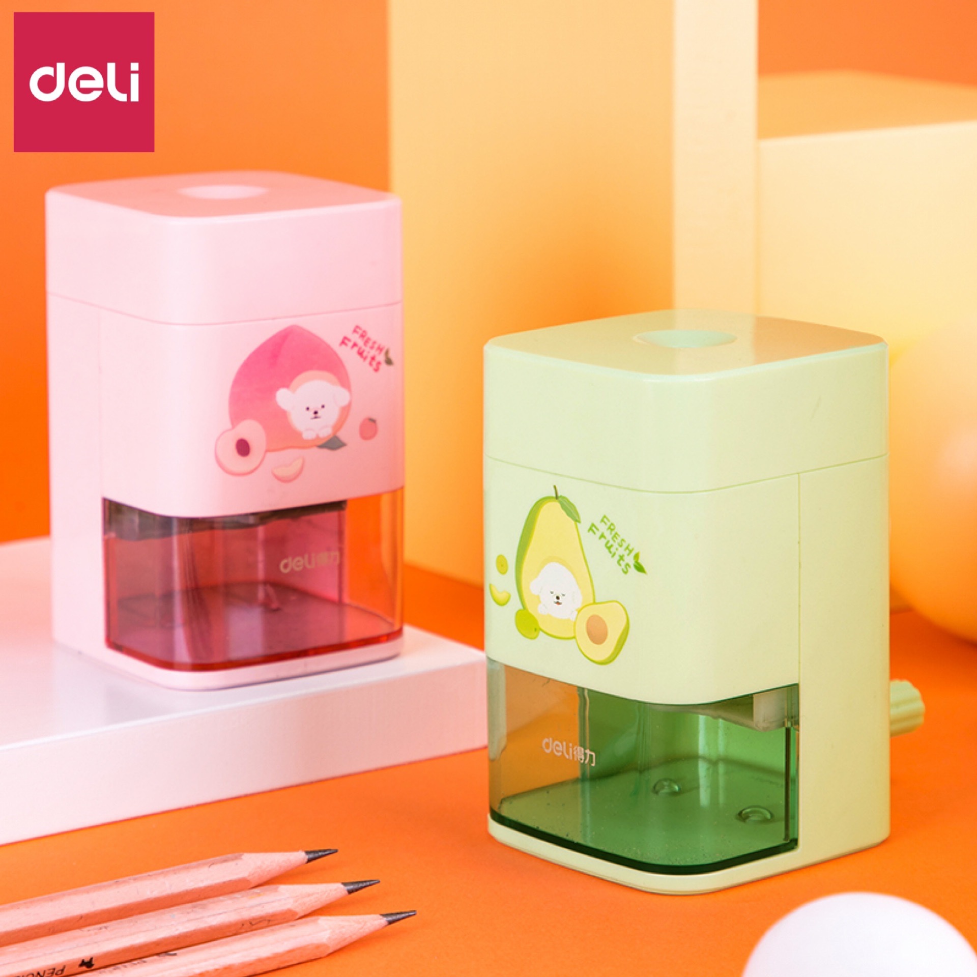 得力71154削笔器水果卡通图案削笔机上部进笔手摇铅笔刀卷笔机