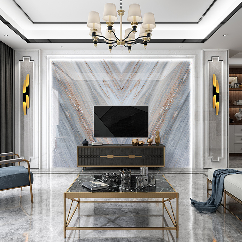 大理石电视背景墙岩板客厅轻奢简约美式石材大板瓷砖影视墙蓝金沙