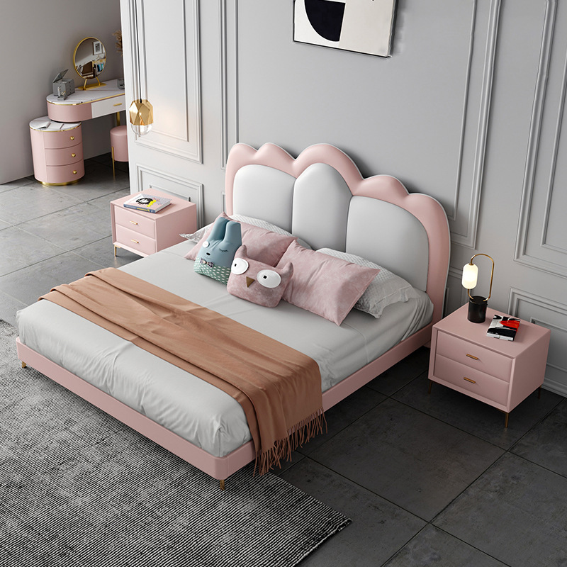 儿童床女孩单人床1.5米极简轻奢皮艺实木床儿童粉色卡通卧室家俱