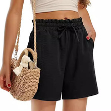 跨境亚马逊女式亚麻短裤高腰轻质休闲夏季抽绳舒适沙滩短裤带口袋