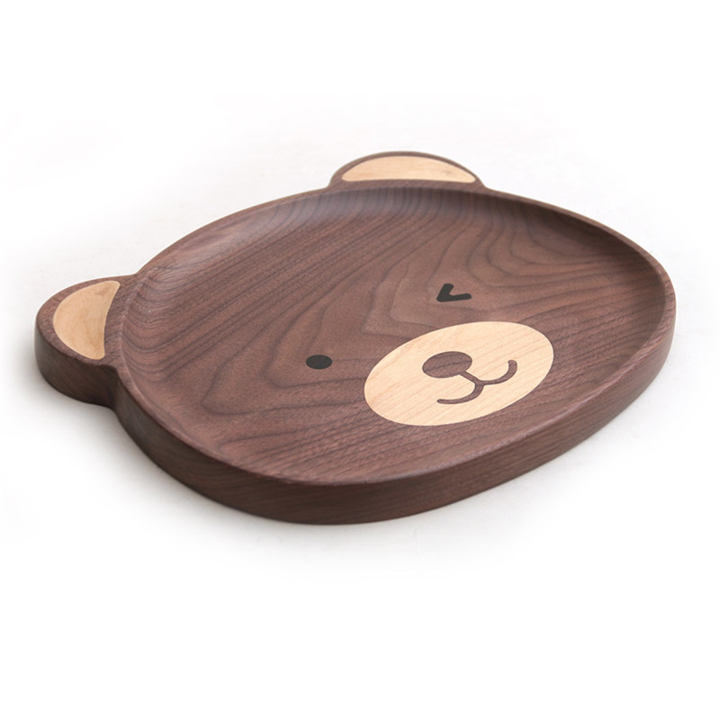 Whole Wood North America Black Walnut Solid Wood Cartoon Bear Tray Japanese Style Cute Dim Sum Plate Wooden Household Children's Dinner Plate