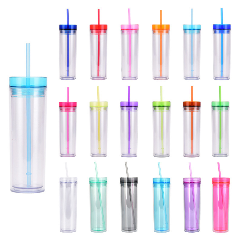 European and American Ins Style Fashion Water Cup Skinny Double-Layer Cup with Straw Transparent Tumbler with Straw Double Wall Water Bottle