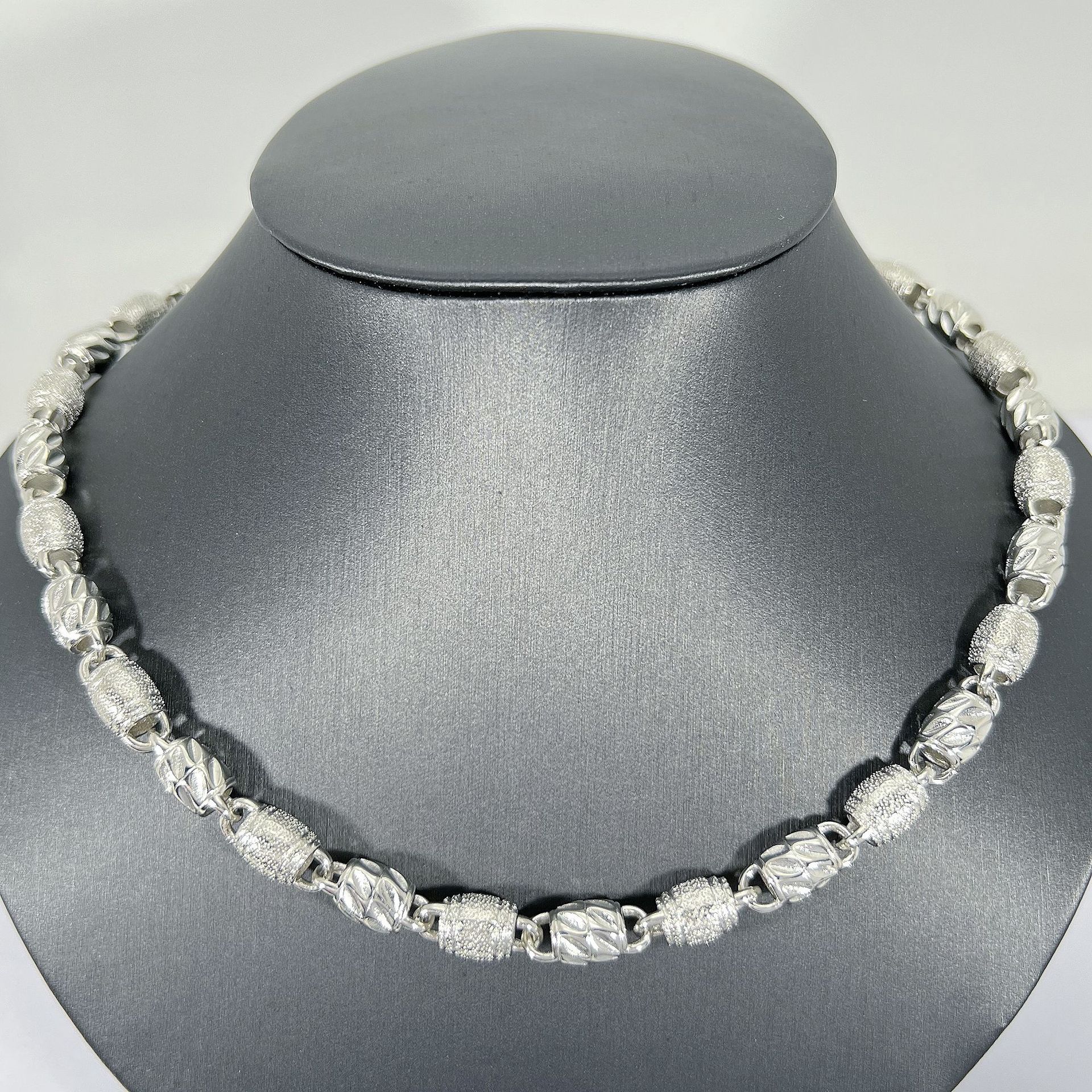 潮男车花闪沙橄榄枝叶项链 粗7m镀白金橄榄珠佛珠粗男士铂金项链