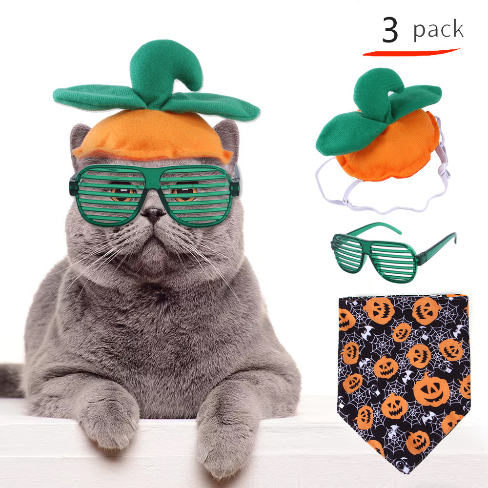 Summary Pet Halloween Suit Cat Funny Hat Triangular Binder Pumpkin Dog Funny Headdress Set