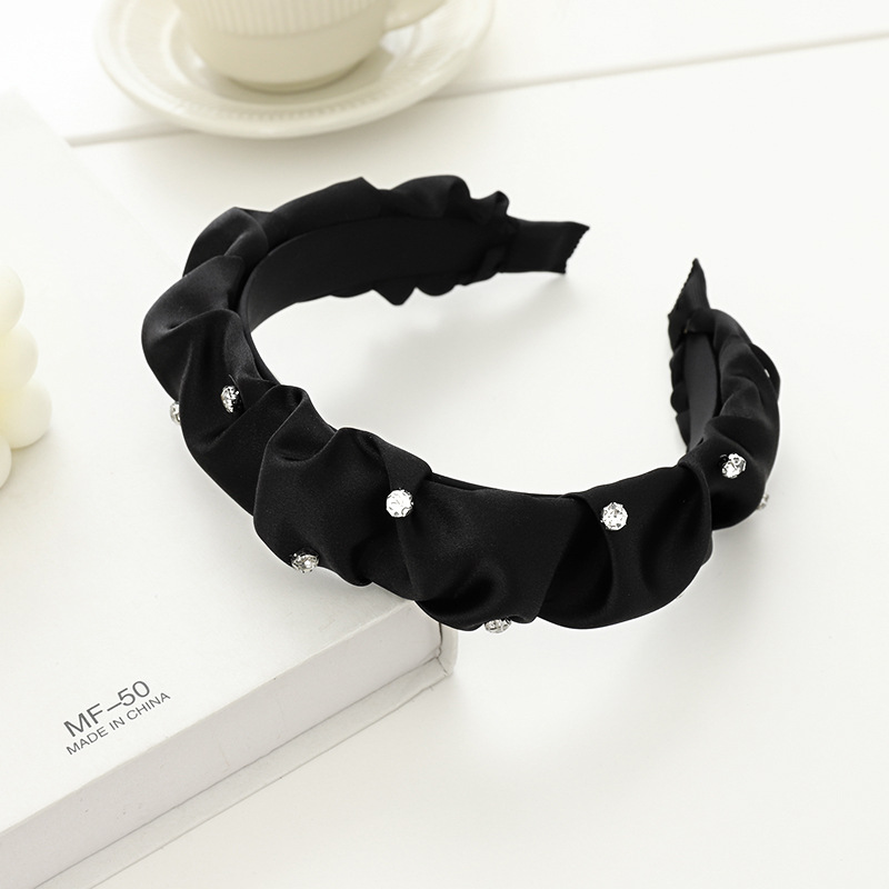 Women's Korean-Style New Hair Accessories Sweet Solid Color Pleated Cloth Headband Creative Rhinestone Headwear Face Wash Hair Bands F593