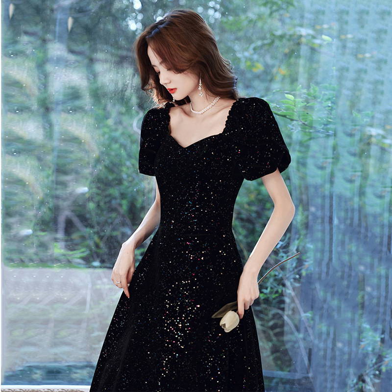 黑色晚礼服2024冬季新款法式优雅气质长款星空艺考学生合唱演出服